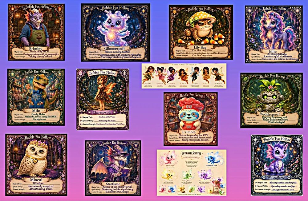 Character cards for the new faces in Return to Bubble Fox Hollow